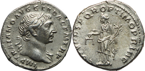 Ancient Roman silver coin of Trajan - COS V PP SPQR OPTIMO PRINC